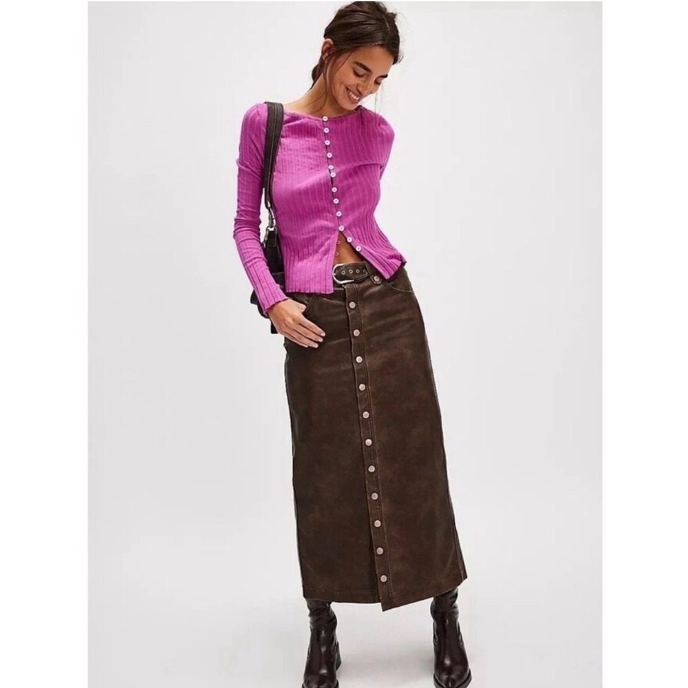 Free People Magenta Ribbed Knit Button Front Long Sleeve Cardigan Top Small